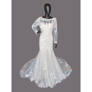 Blush Illusion Boat Neck Long Slve Fit/Flare Lace Wedding Gown - Stella Couture